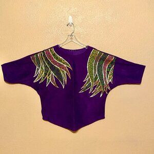 VINTAGE Purple Top Blouse Shirt 3/4 Sleeves Painted Mardi Gras Design Approx (L)